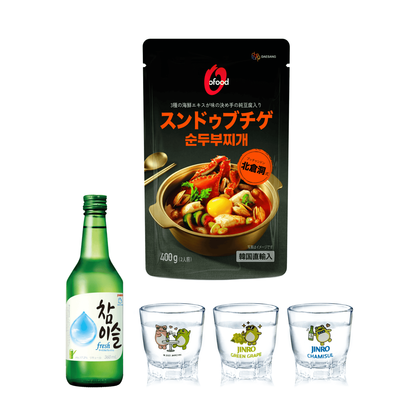 【韓国晩酌セット】スンドゥブチゲ＋チャミスル＋ソジュグラス3個